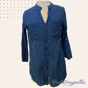 Soft Surroundings Top Navy light blue Stripe Button Down Shirt 100% cotton Small